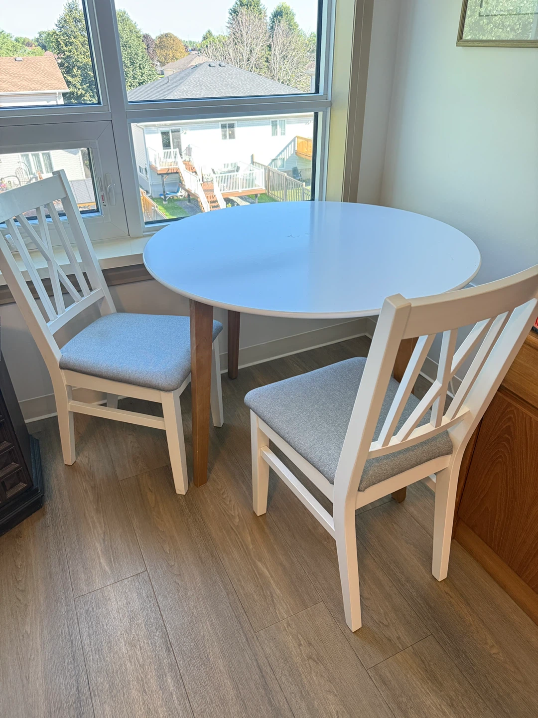 Round White Wood Dining Table and Two Chairs