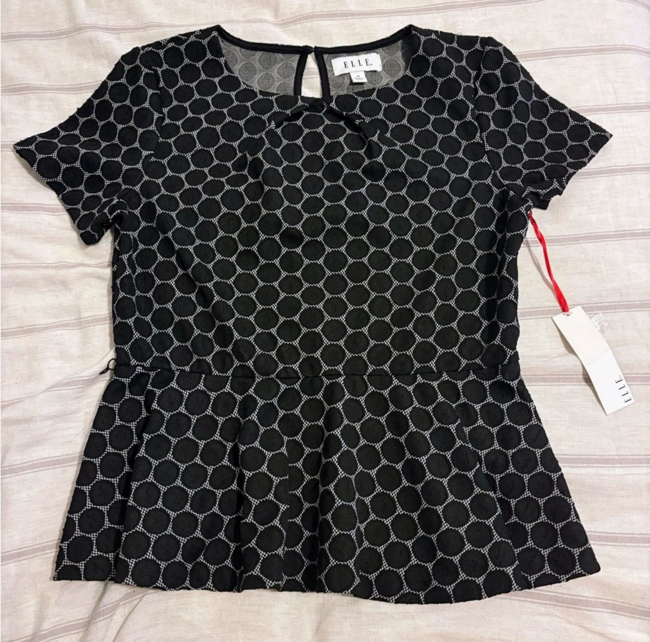 ELLE Black and White Polka Dot Peplum Top