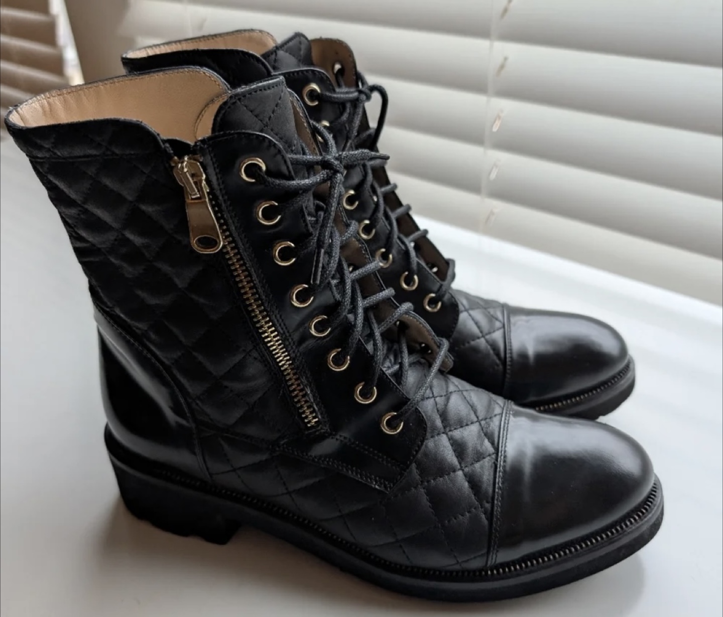 Black Quilted Lace-Up Combat Boots Size 37