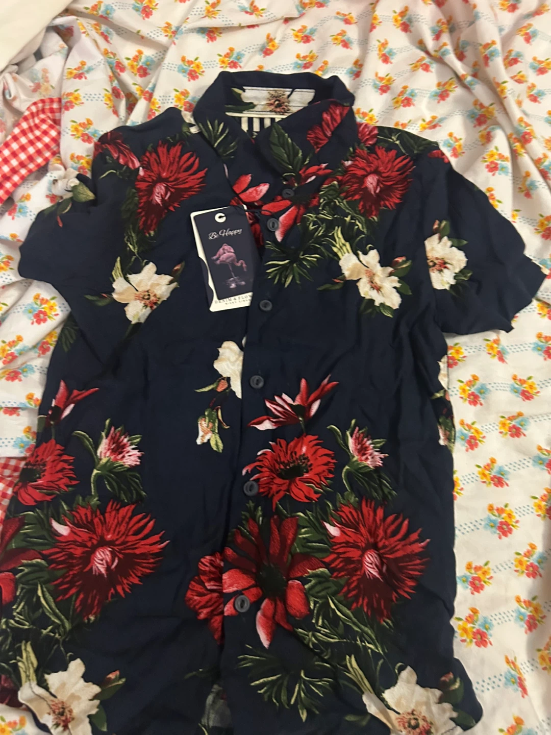 Be Happy Navy Floral Short Sleeve Button-Up Shirt