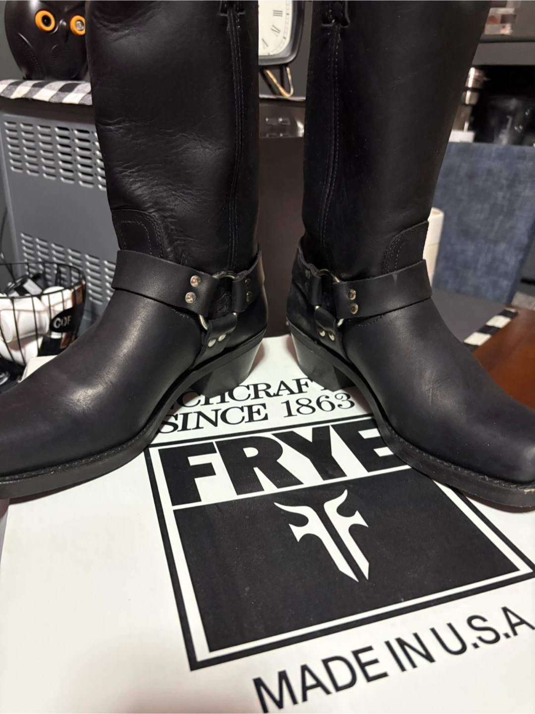 FRYE Black Leather Harness Boots