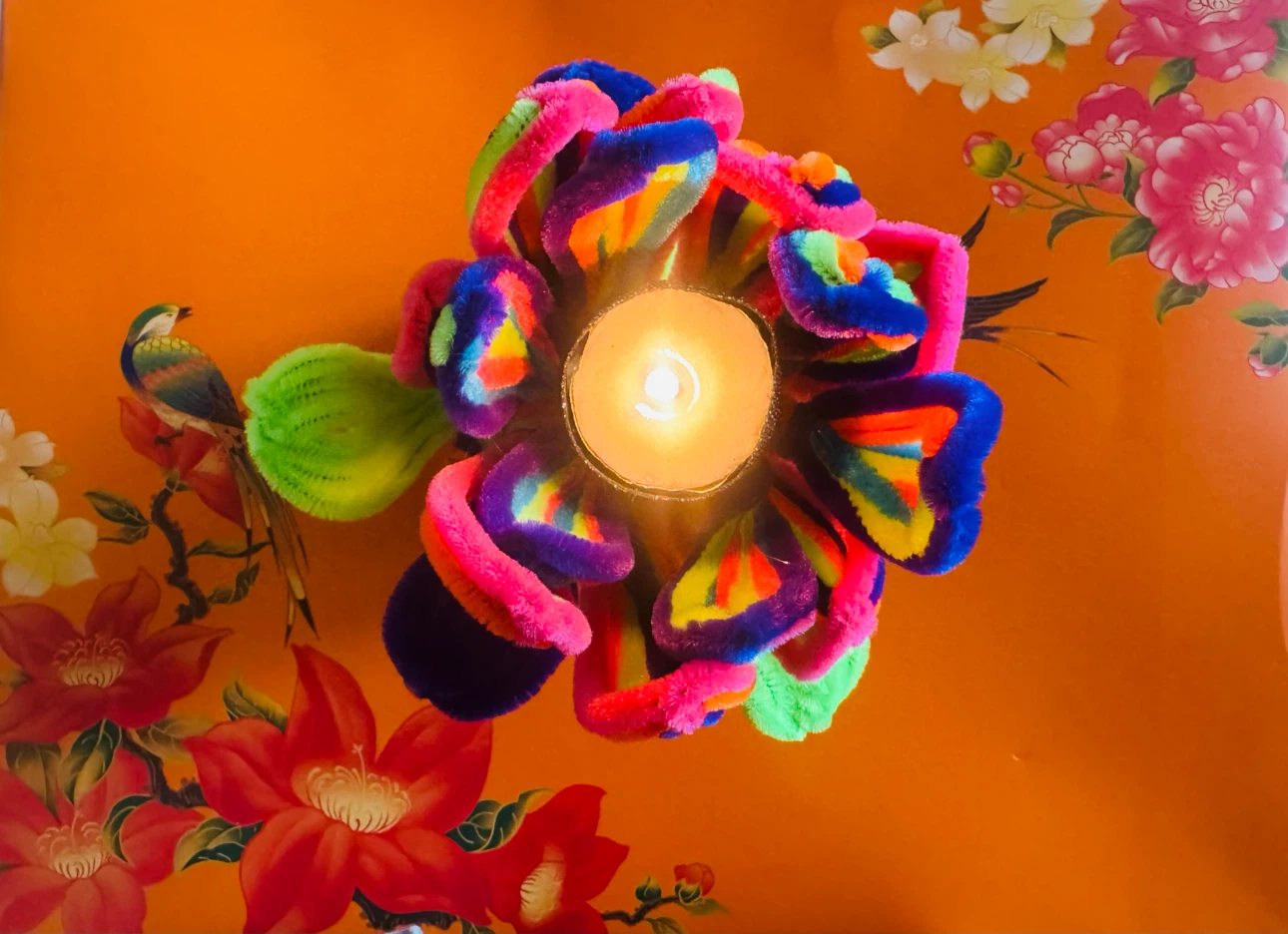 Handmade rainbow pipe cleaner flower candle holder