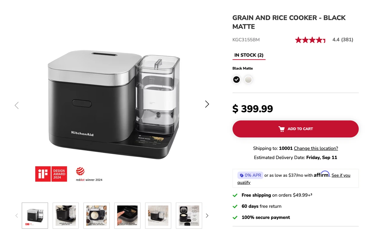 KitchenAid Grain and Rice Cooker - Black Matte