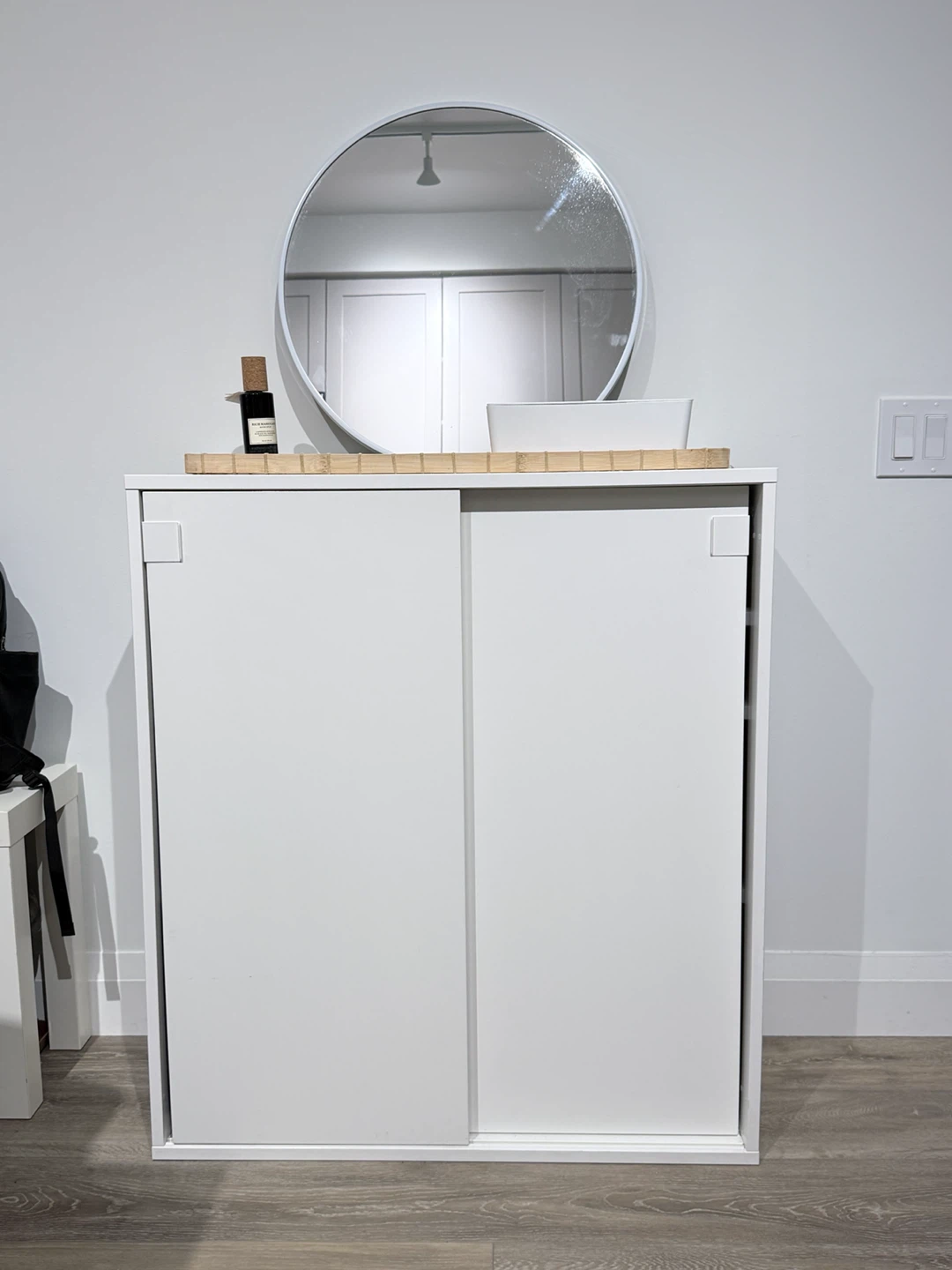 IKEA MACKAPÄR White sliding door shoe cabinet and a round mirror - photo 2