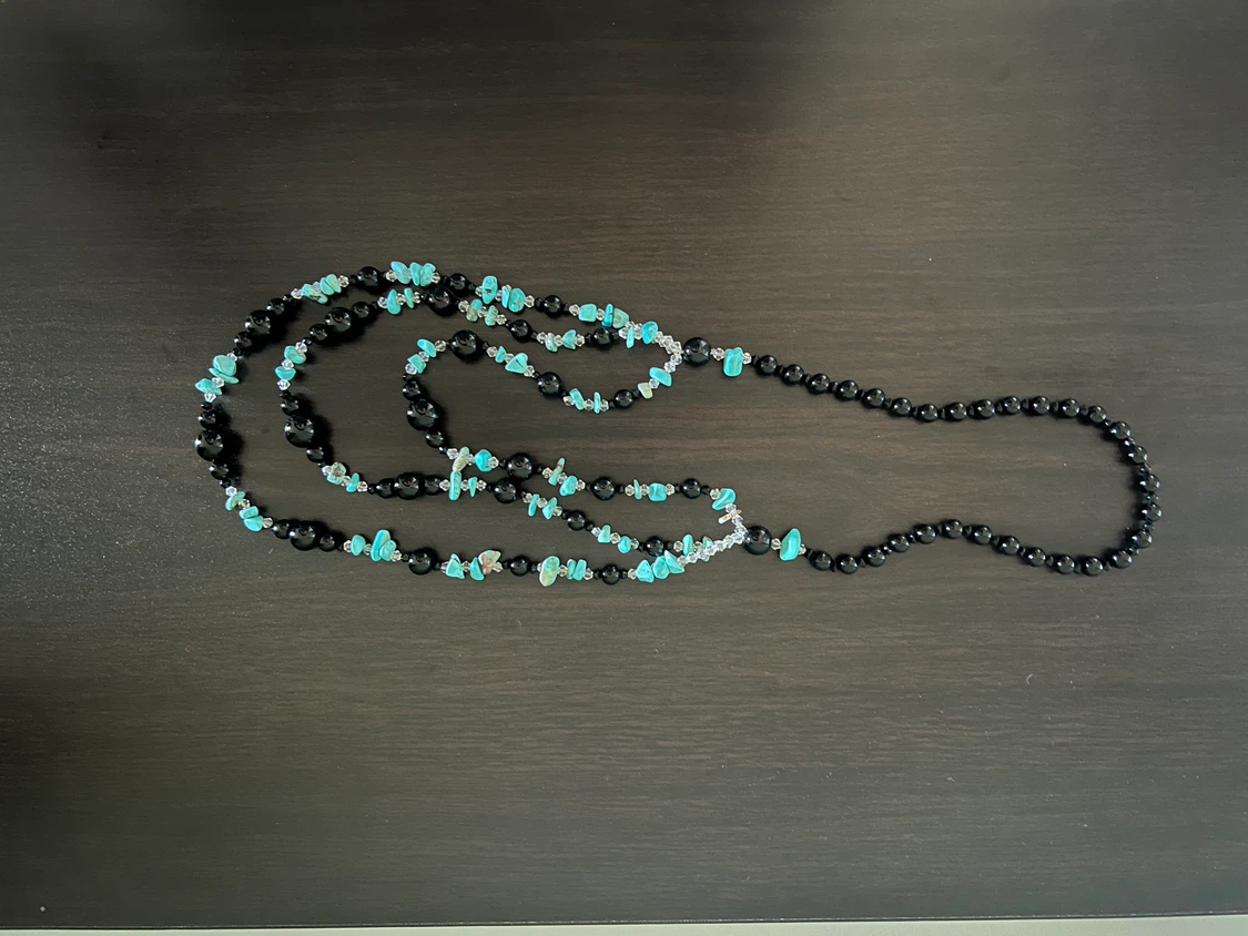 Long Beaded Necklace with Turquoise and Black Beads