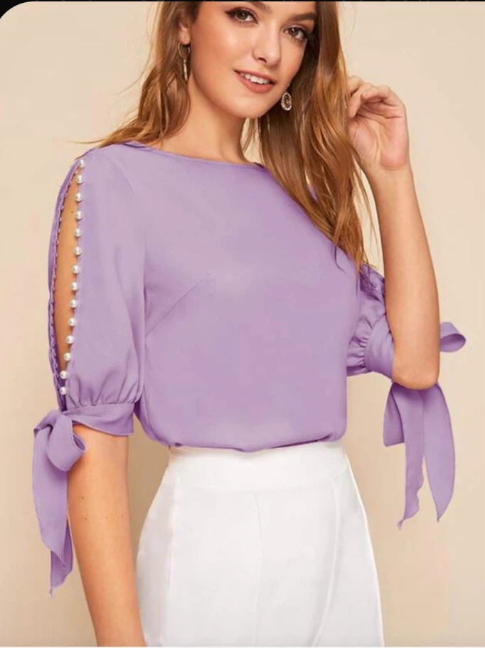 SHEIN Lavender Pearl Detail Blouse