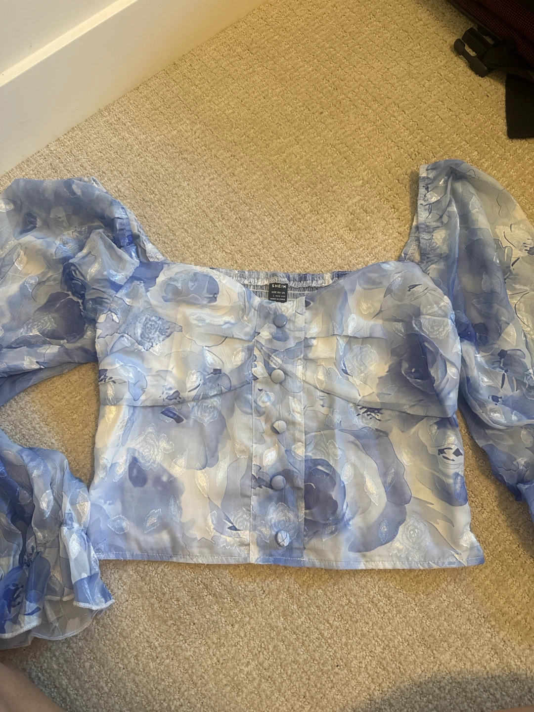 SHEIN Blue Floral Puff Sleeve Blouse
