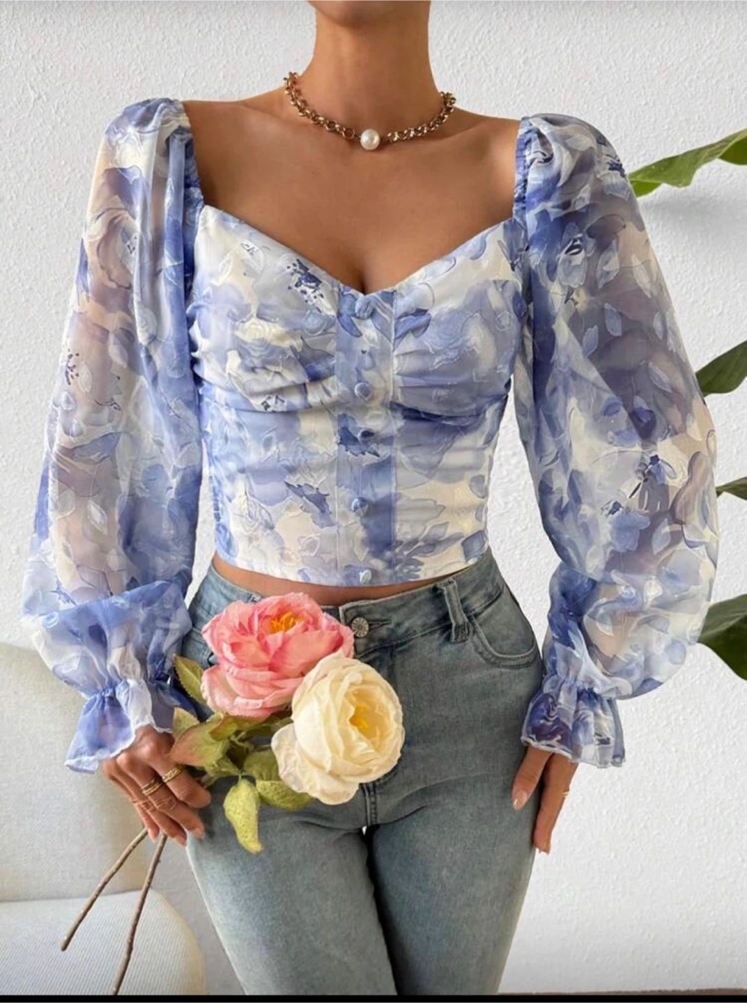 SHEIN Blue Floral Puff Sleeve Blouse - photo 2
