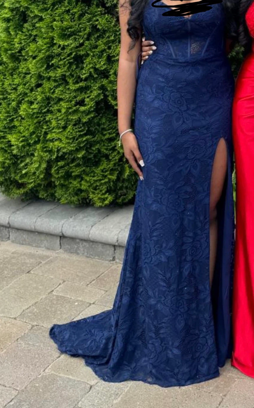 Blue Lace Corset Slit Prom Dress
