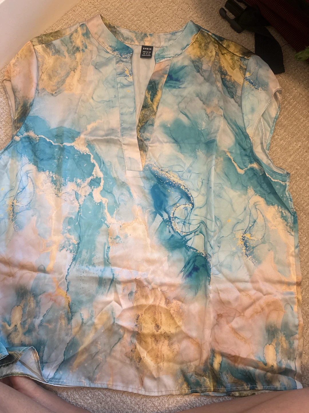 SHEIN Prive Blue Marble Print V-Neck Blouse - photo 2