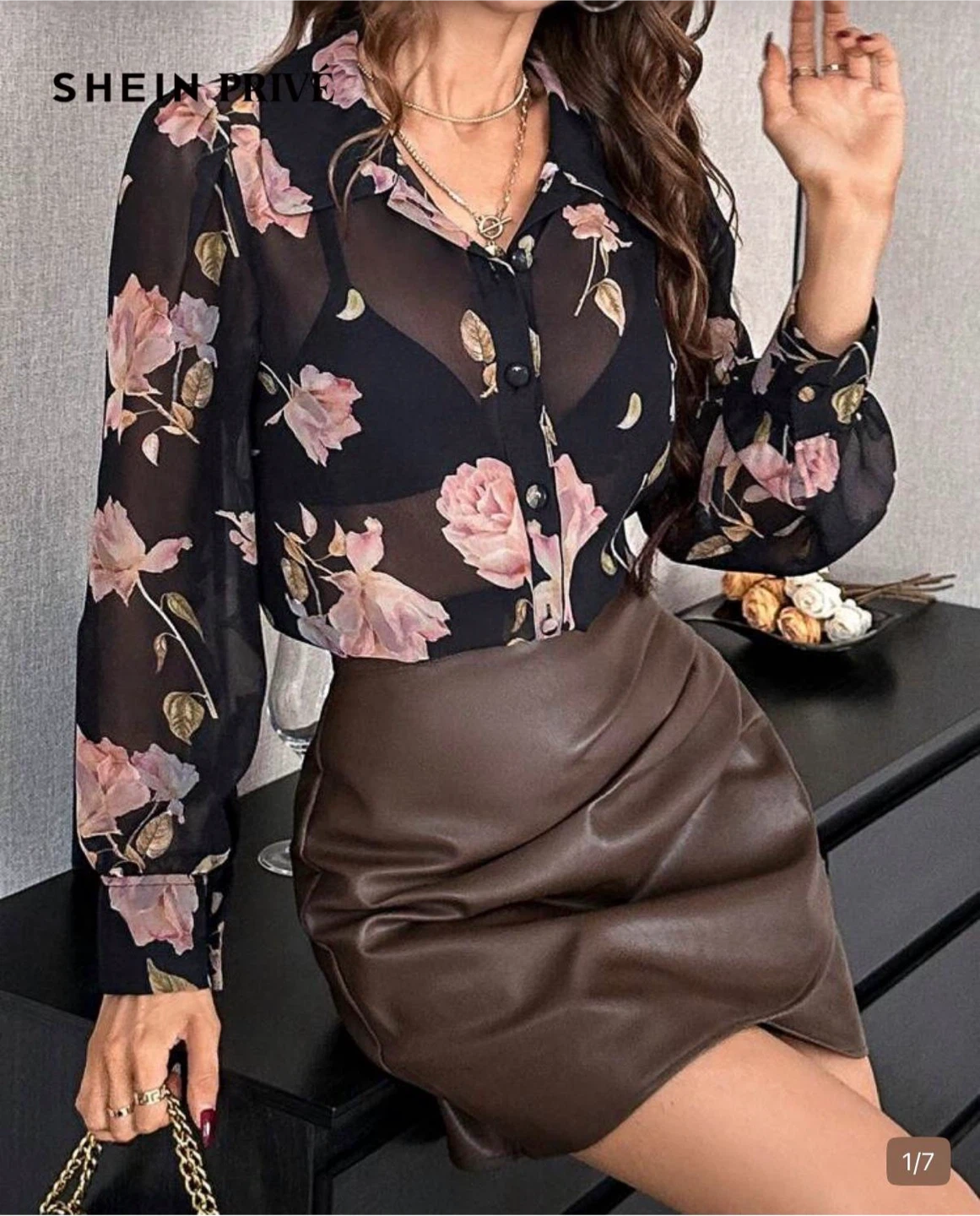 SHEIN Privé Floral Sheer Button-Down Shirt - photo 3