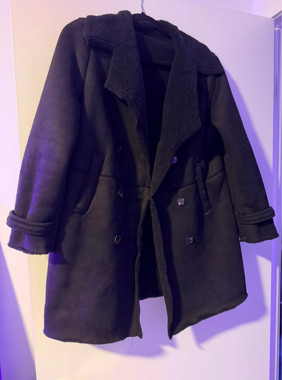Black Faux Suede Shearling Coat