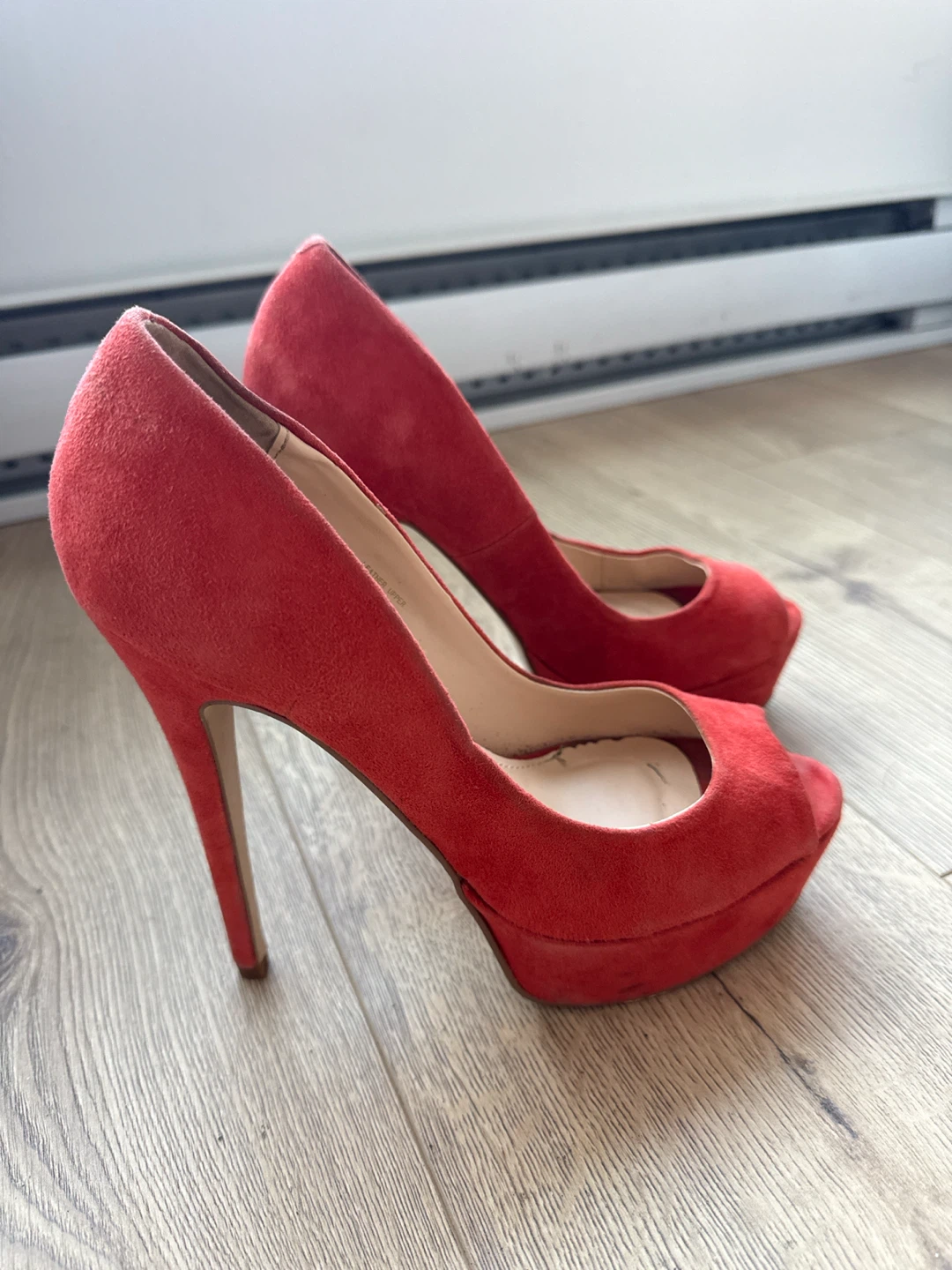 Siren Orange/Red Suede Peep Toe Heels - photo 2