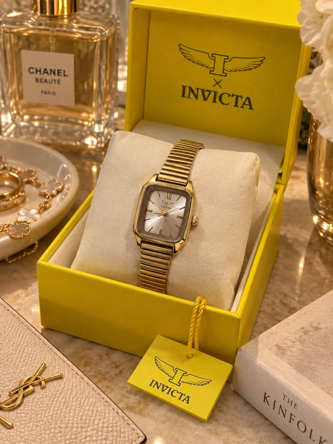 NEW Invicta Gold Women’s Rectangular Watch + Box