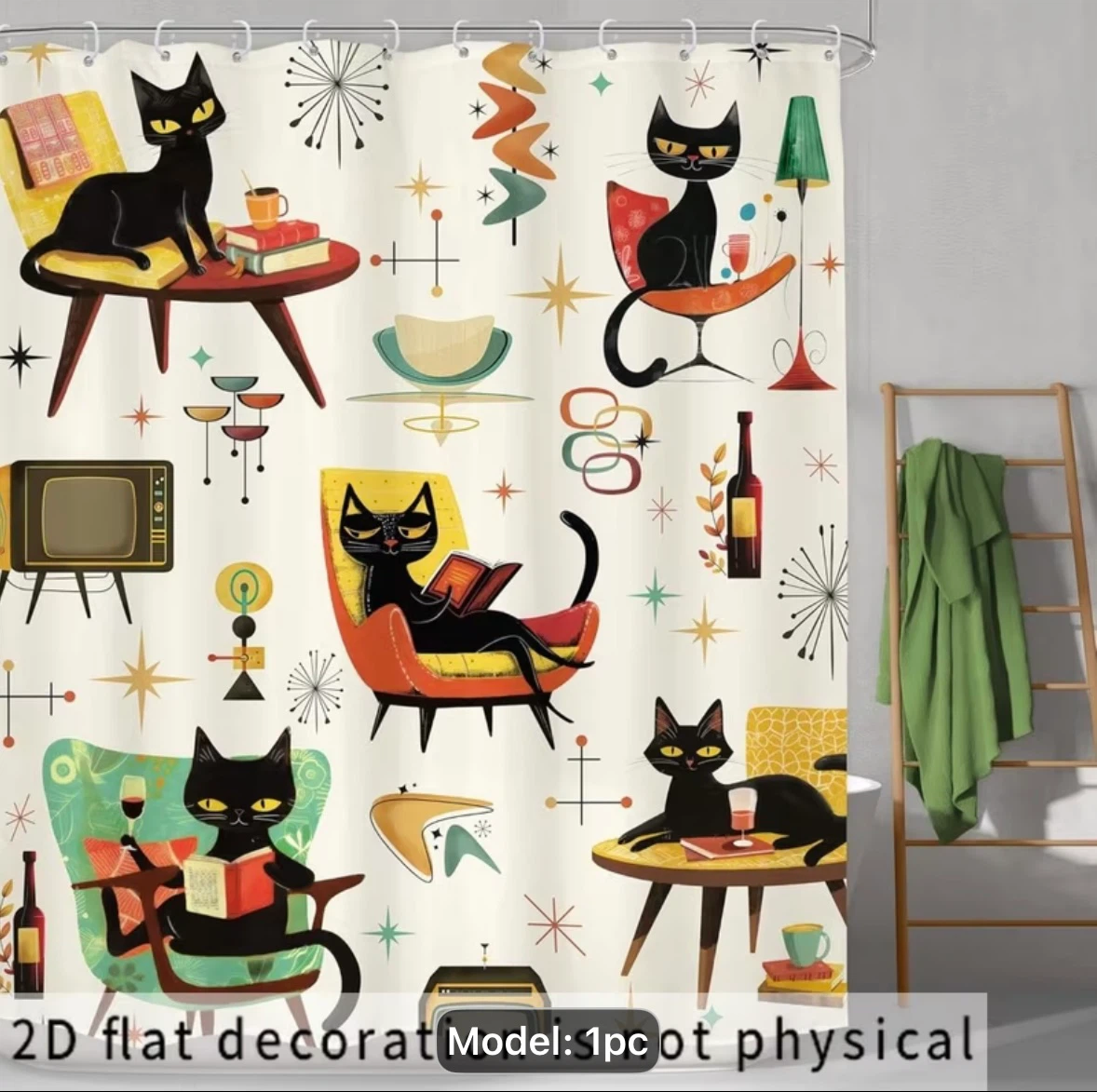 Mid-century Modern Cat Shower Curtain - photo 3