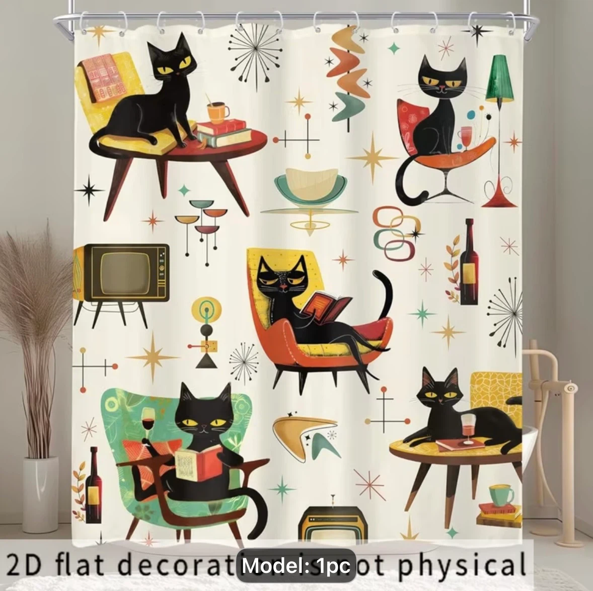 Mid-century Modern Cat Shower Curtain - photo 4