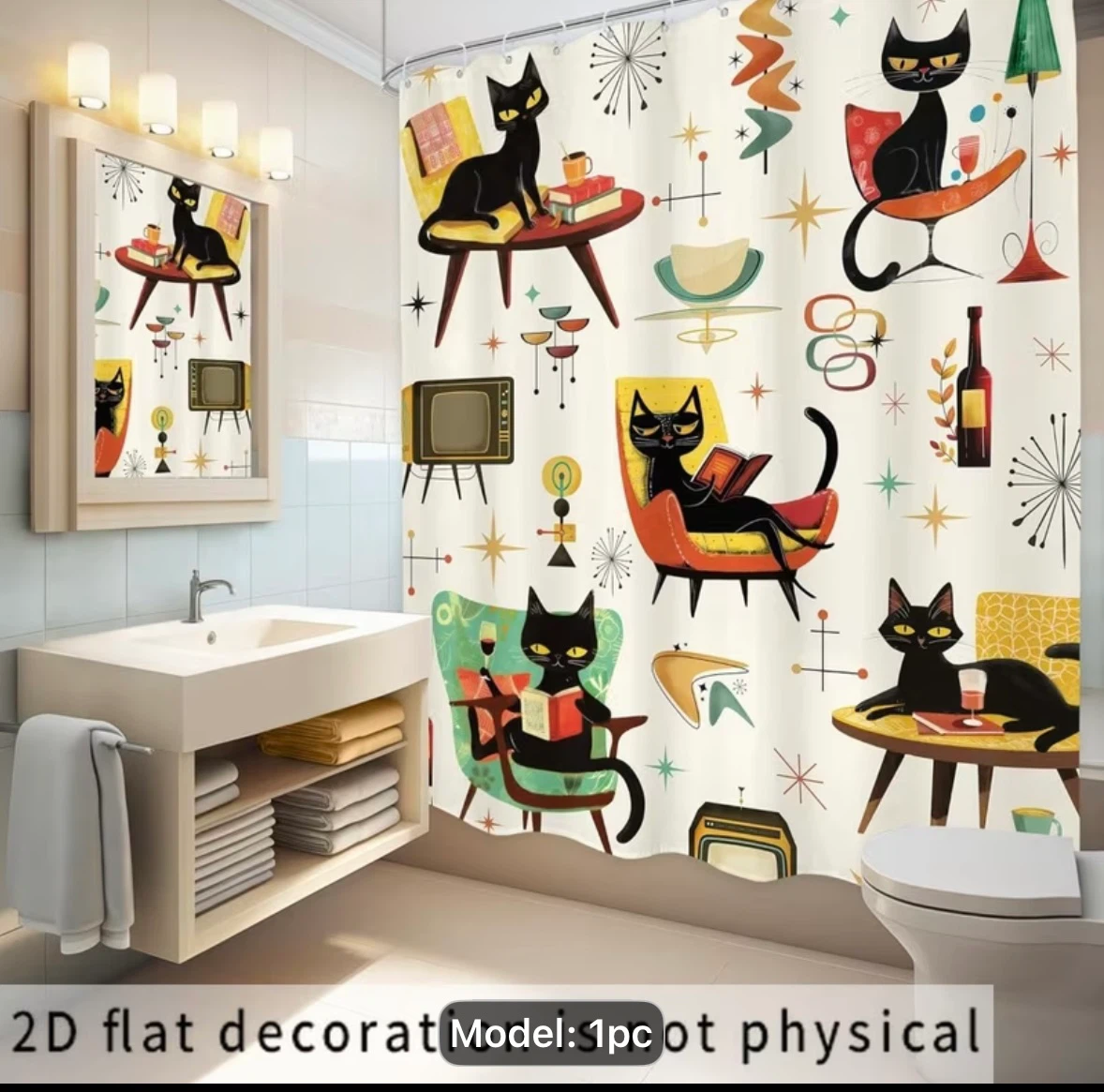 Mid-century Modern Cat Shower Curtain - photo 5