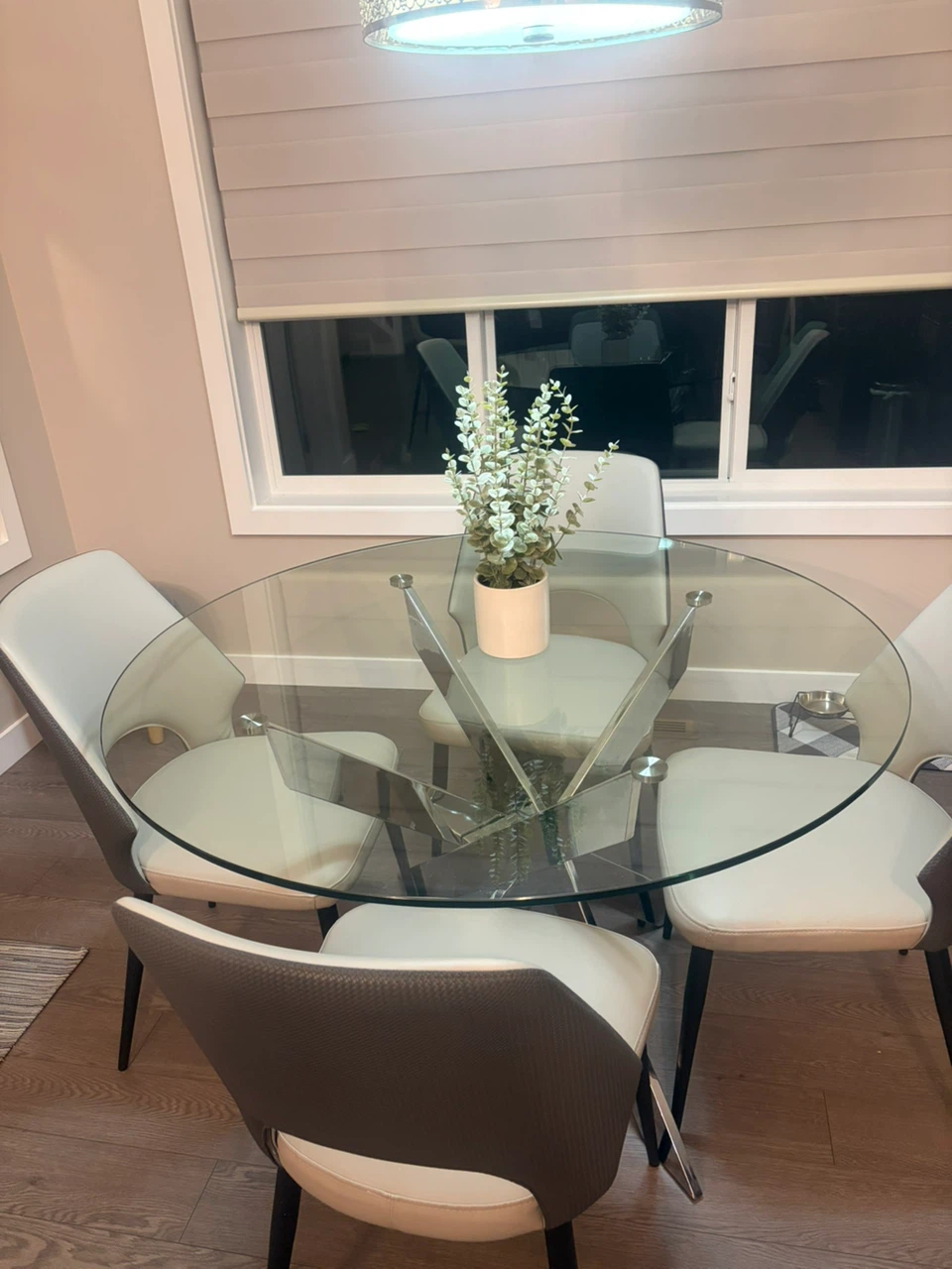Round Glass Dining Table + 4 Chairs