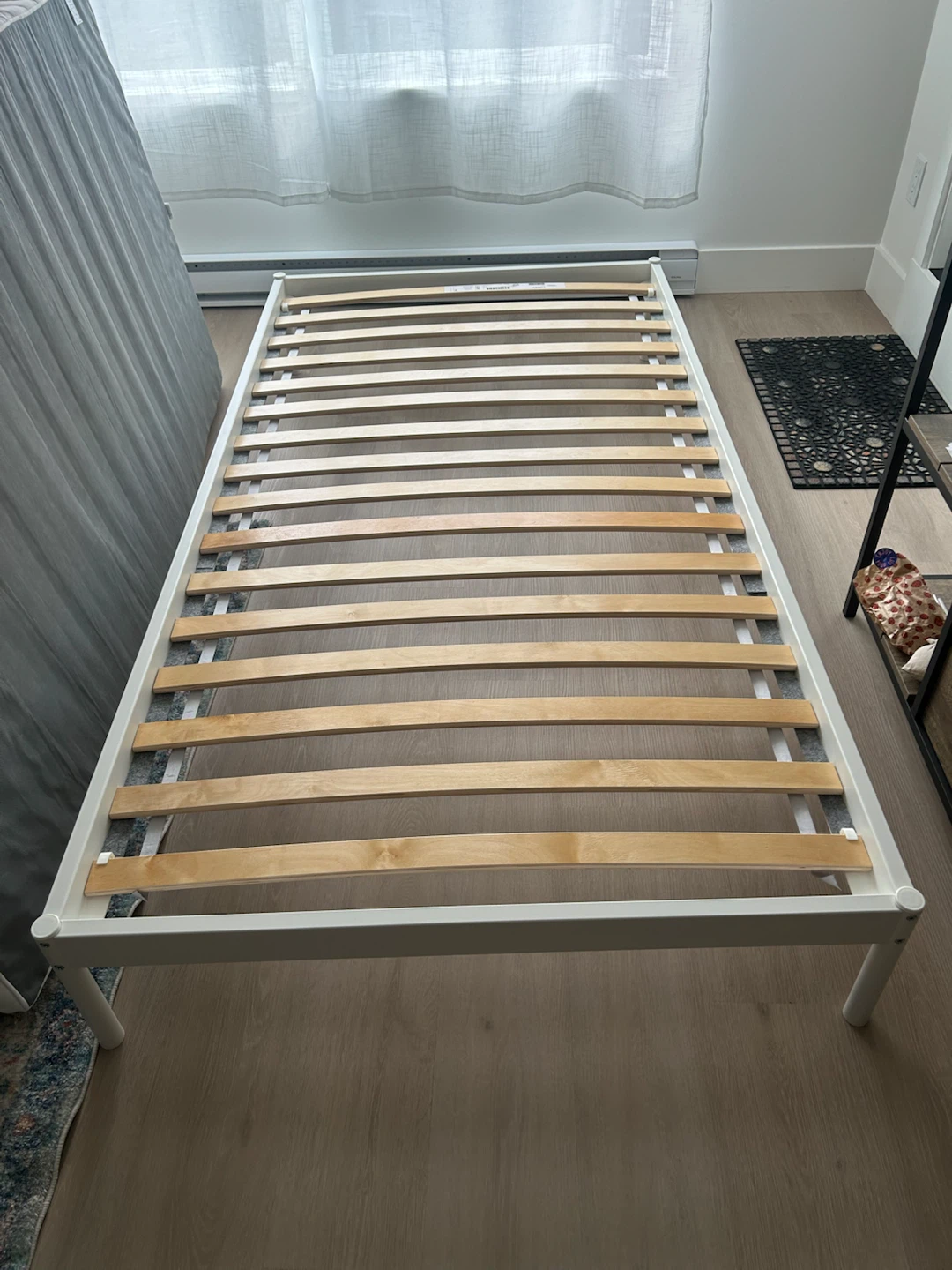 Twin bed frame, slat bed base and mattress
