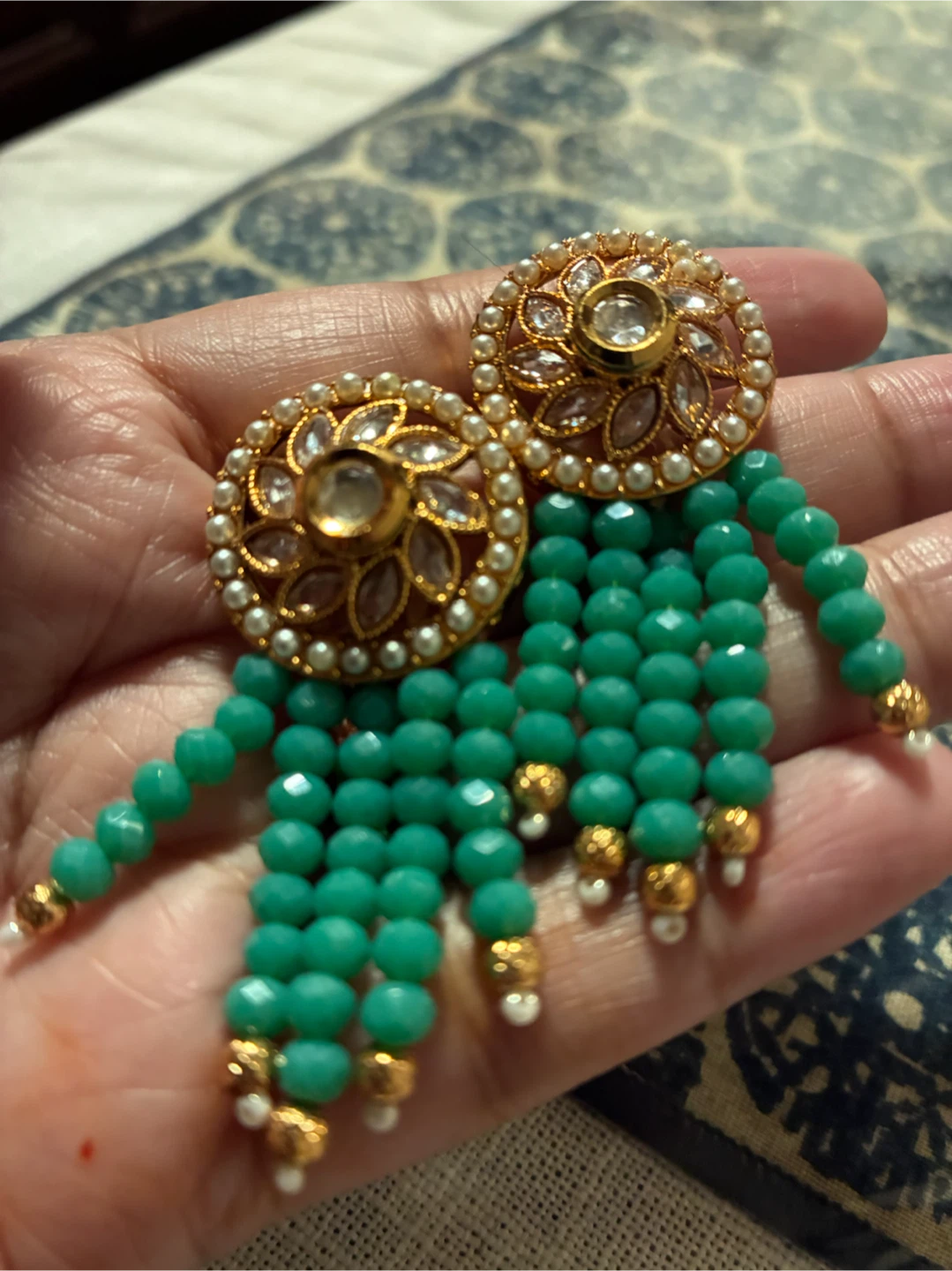 Gold and Green Beaded Dangle Earrings
