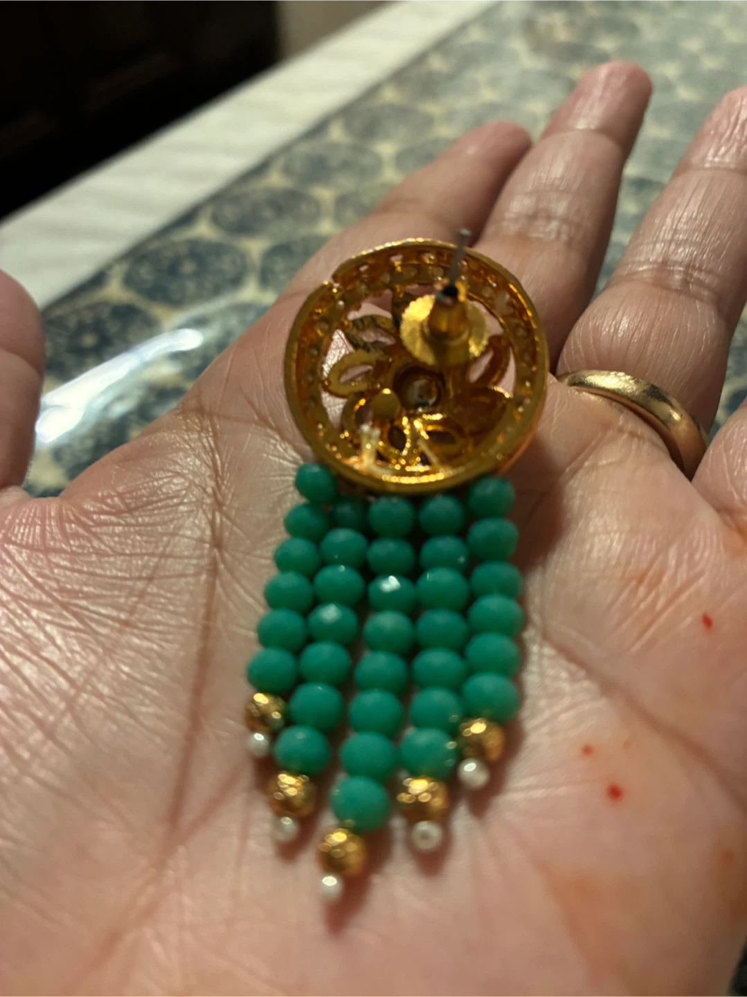 Gold and Green Beaded Dangle Earrings - photo 2