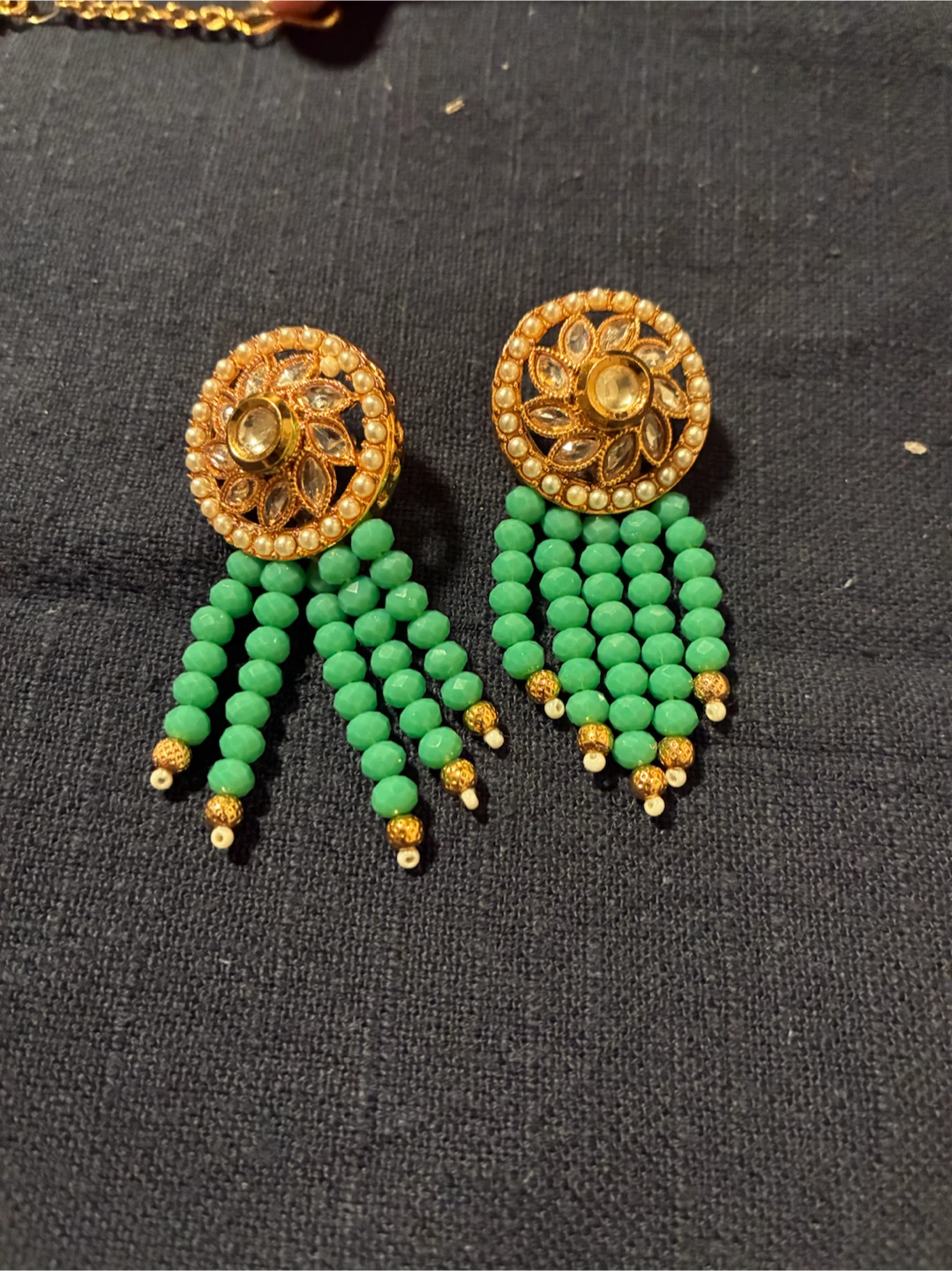 Gold and Green Beaded Dangle Earrings - photo 3
