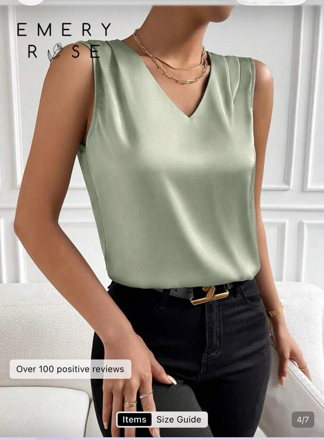 EMERY ROSE Sage Green V-Neck Sleeveless Blouse