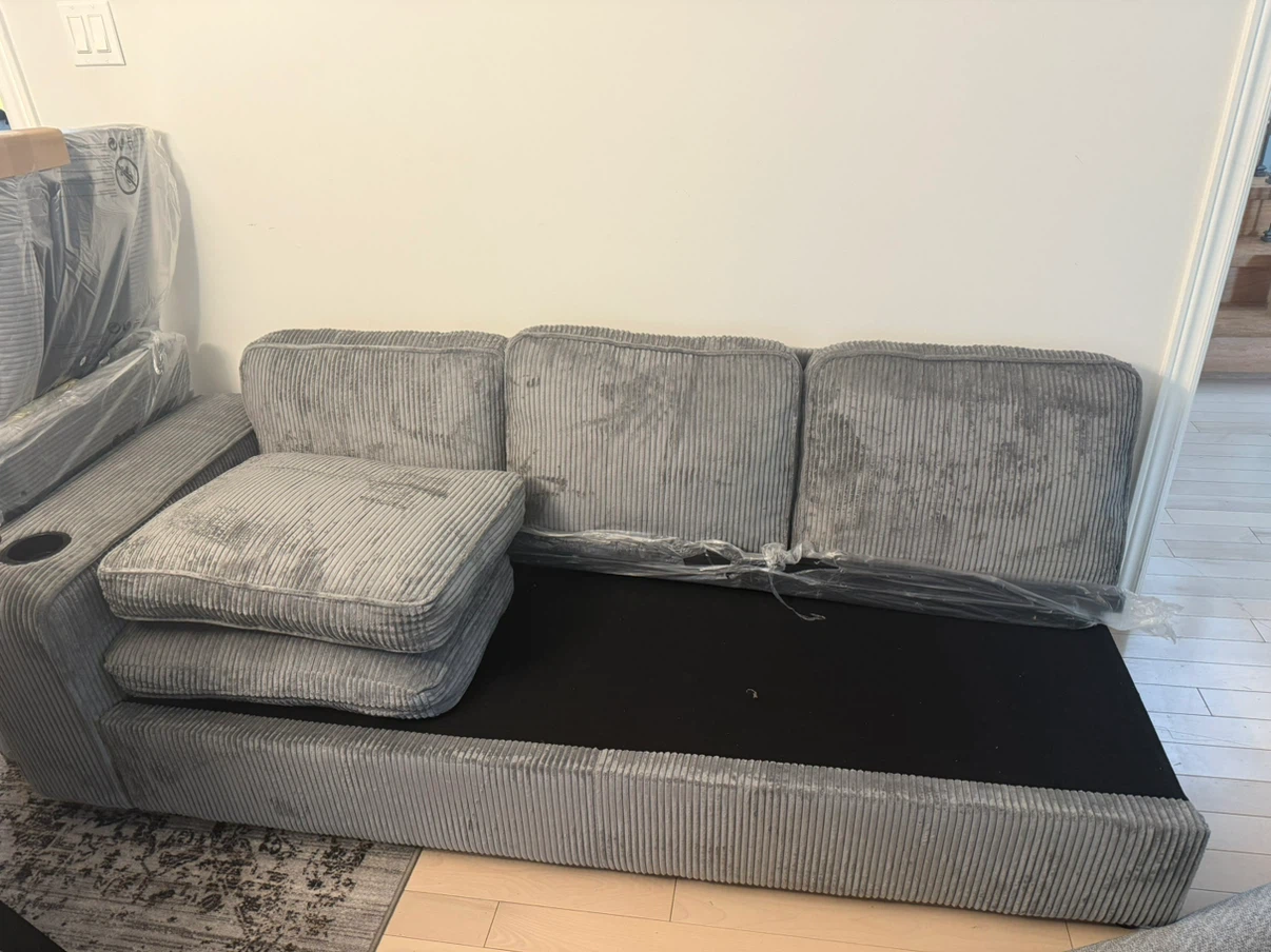 Grey Corduroy Sofa with Cupholder