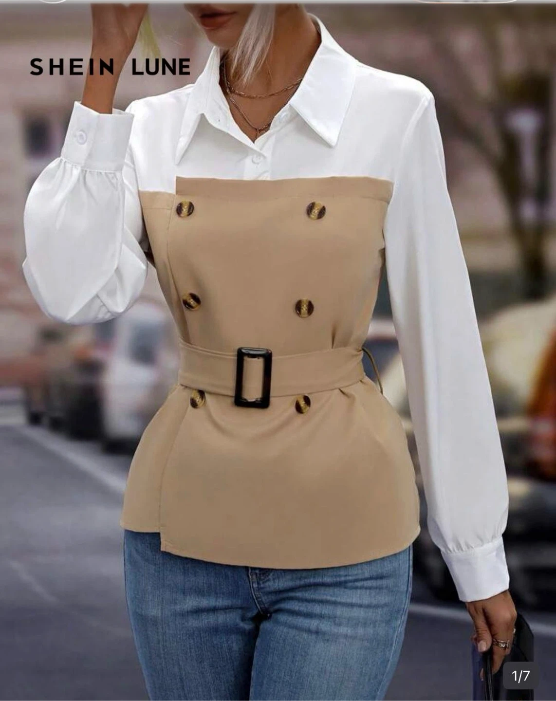 SHEIN LUNE Belted Contrast Blouse