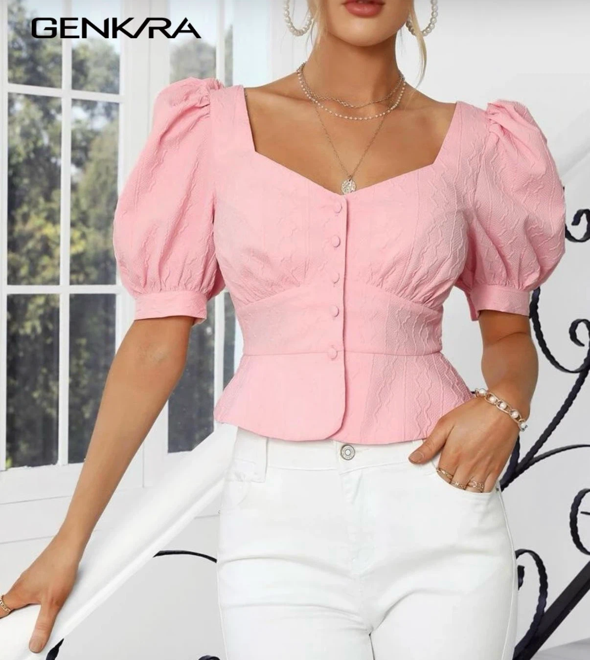 Genkra Pink Puff Sleeve Blouse