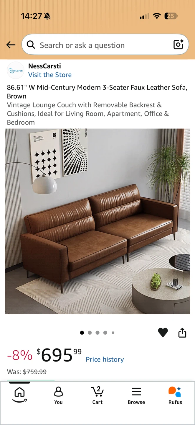 NessCarsti Mid-Century Modern 3-Seater Faux Leather Sofa