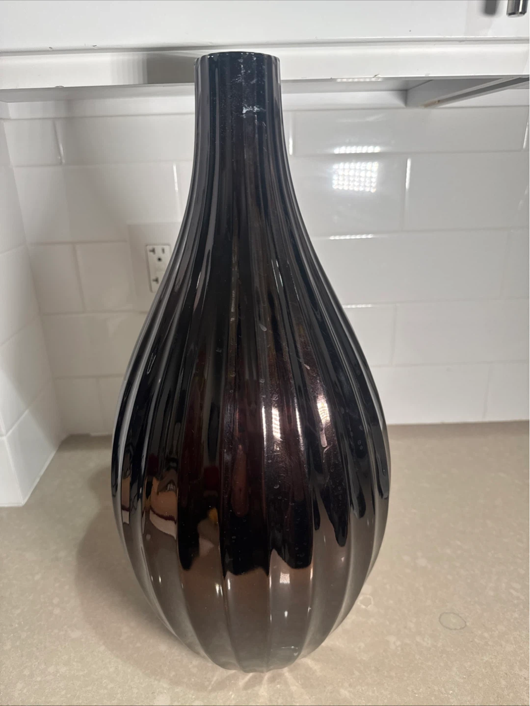 West Elm Black Ceramic Ribbed Vase
