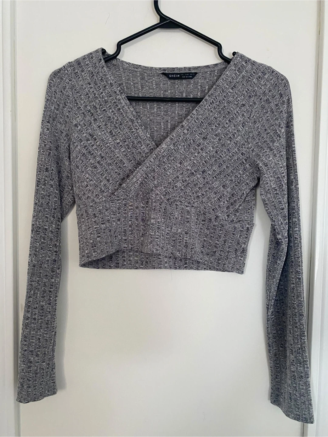 Grey Ribbed Long Sleeve Wrap Top