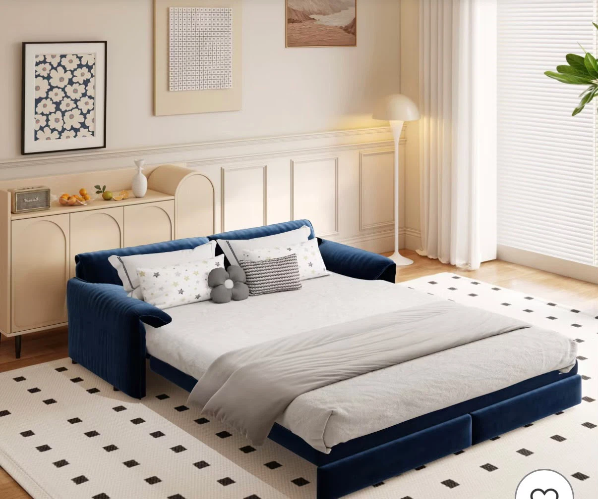 Blue Velvet Convertible Sofa Bed