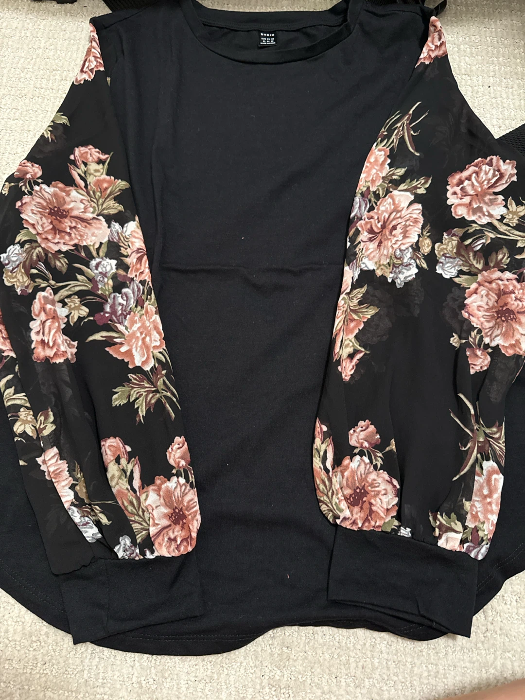 Shein Black Floral Sleeve Top