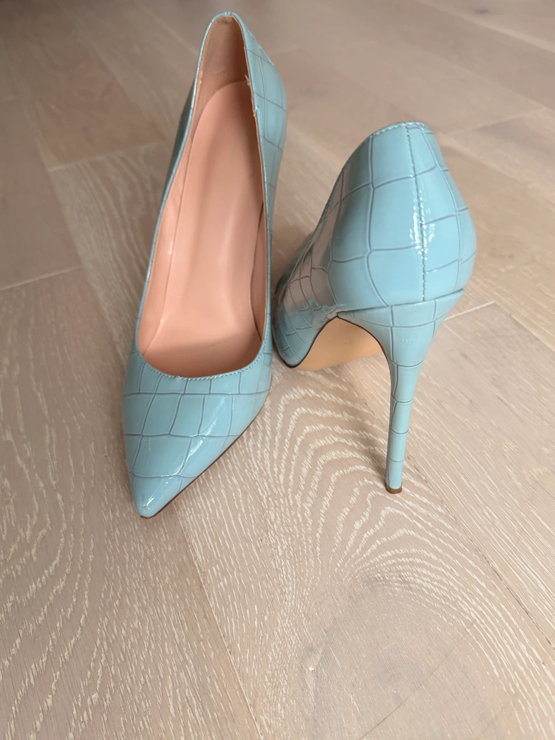Light Blue Croc-Embossed Pointed Heels