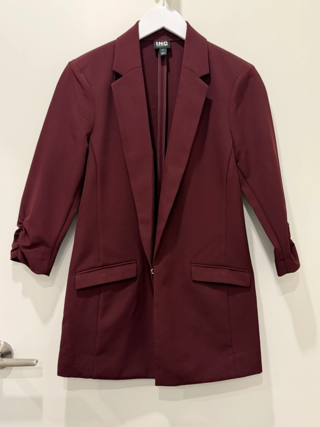 INC Burgundy Ruched 3/4 Sleeve Blazer