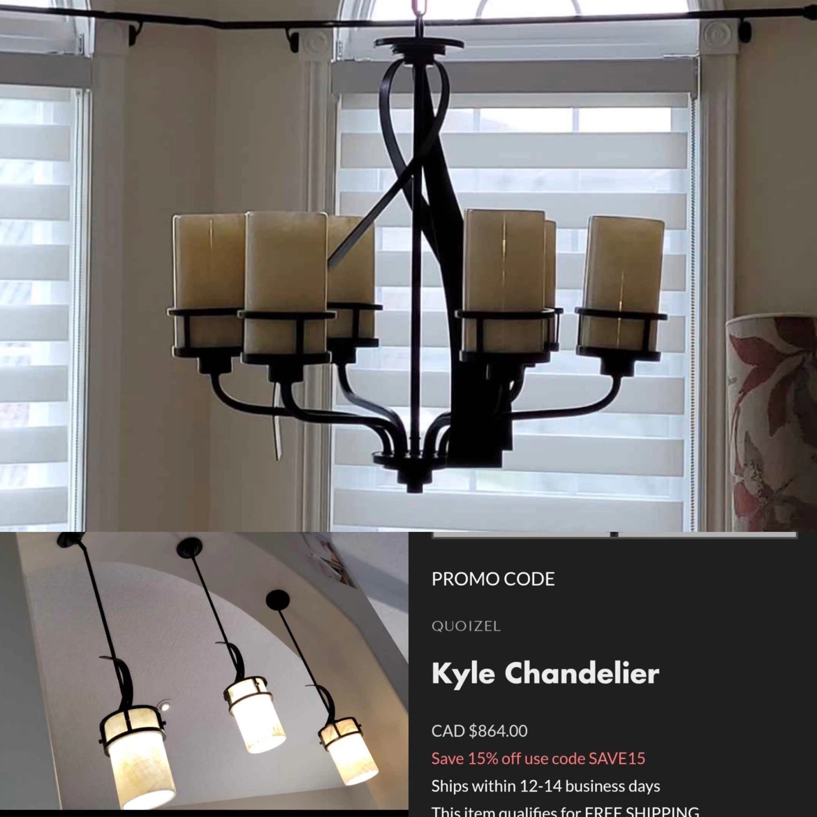 Quoizel Kyle Chandelier and Three Pendant Lights