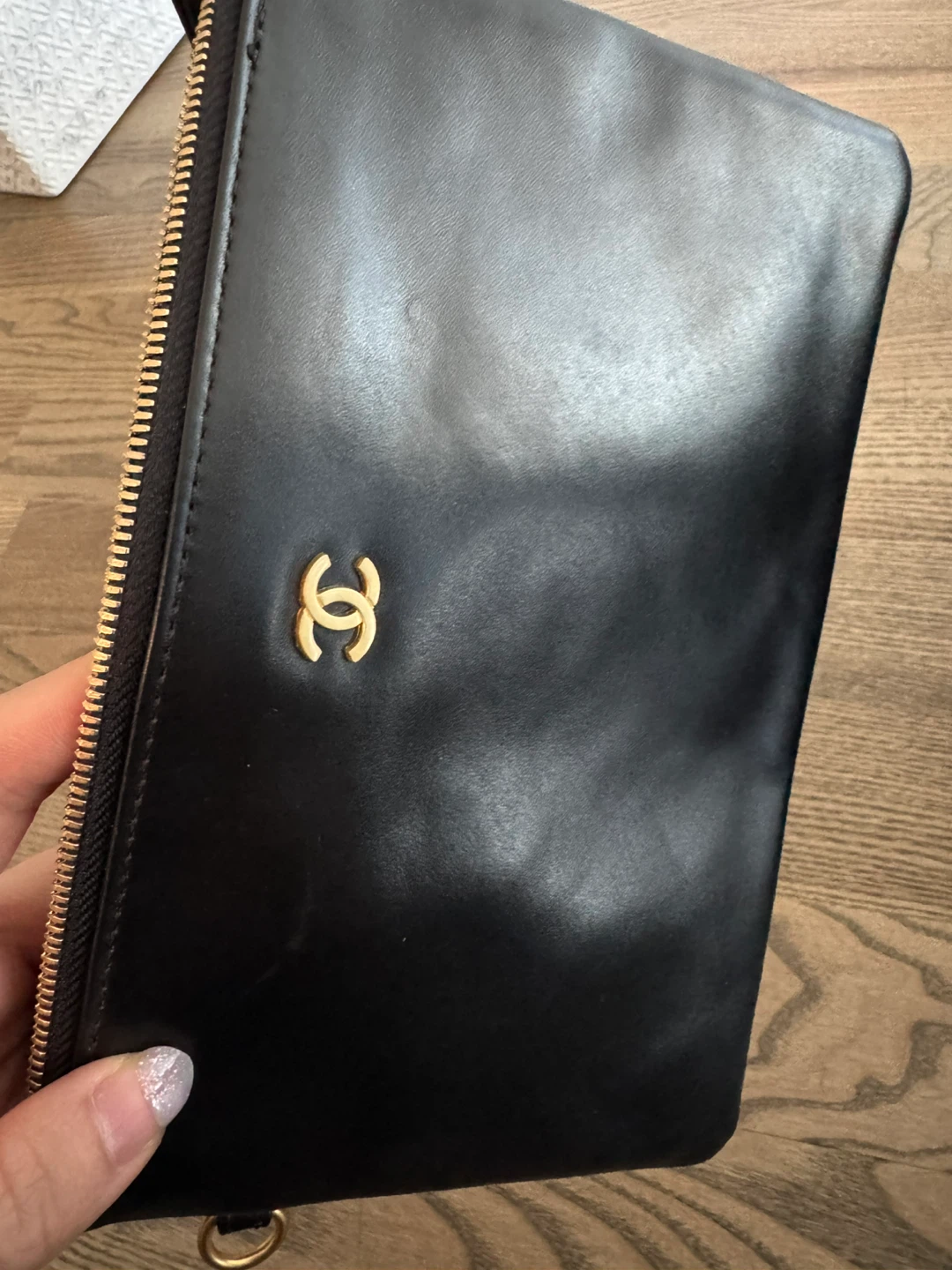 Chanel black leather flat pouch