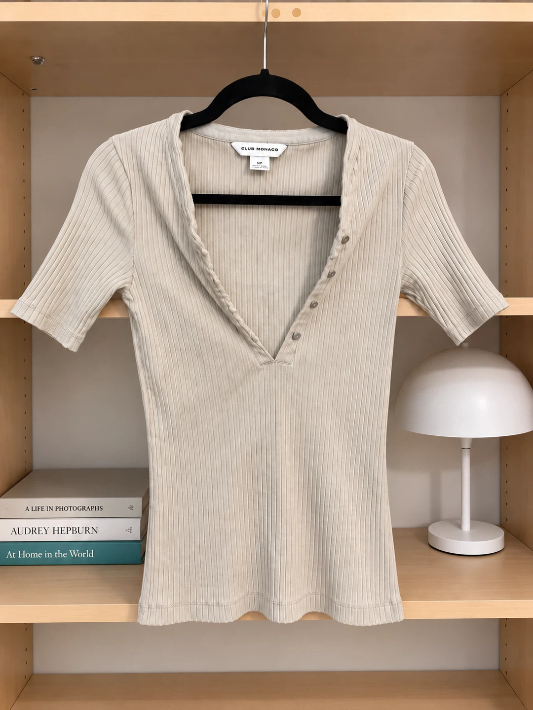 Club Monaco Beige Ribbed Henley Top
