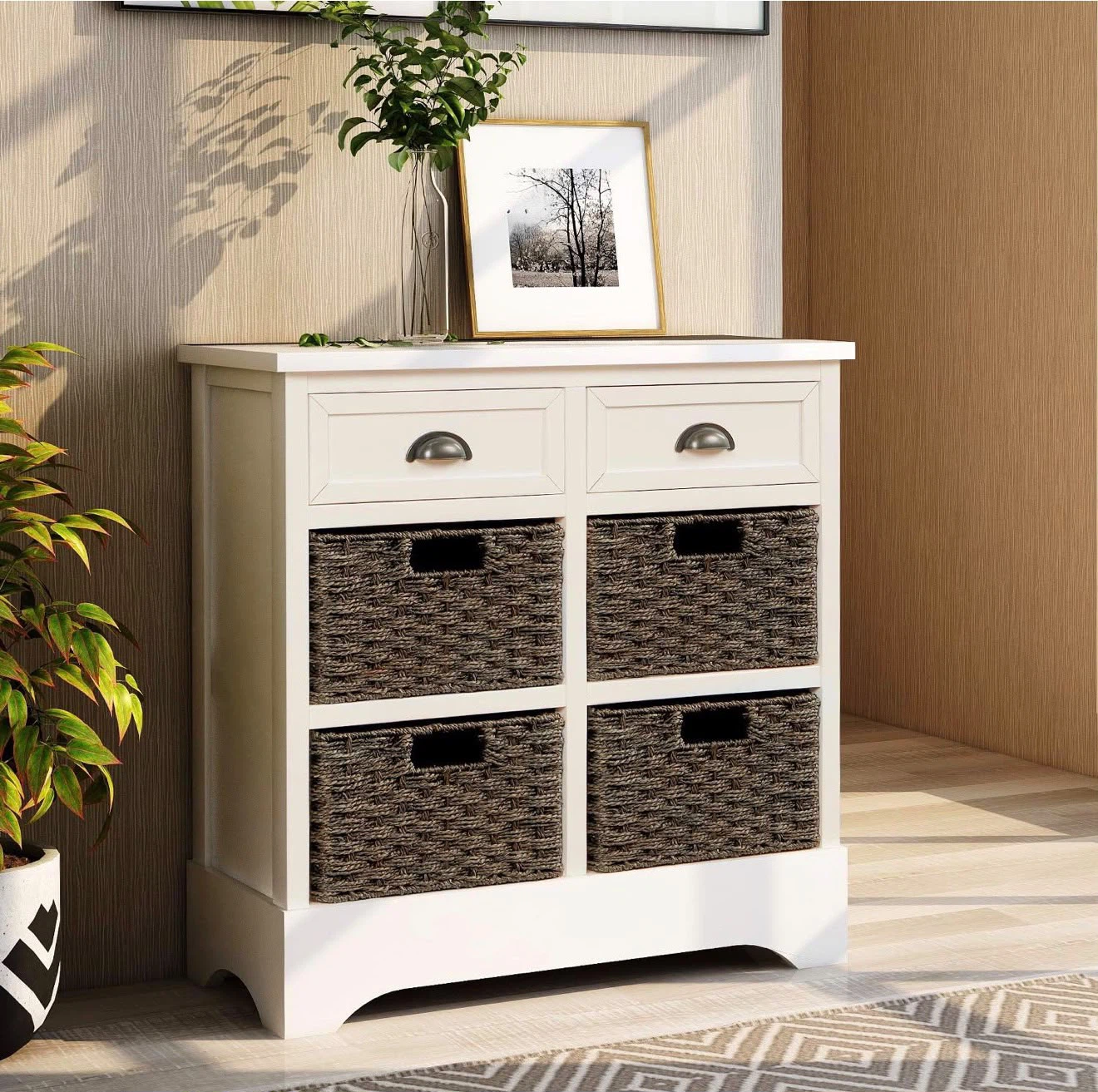 White modern farmhouse storage cabinet with four baskets