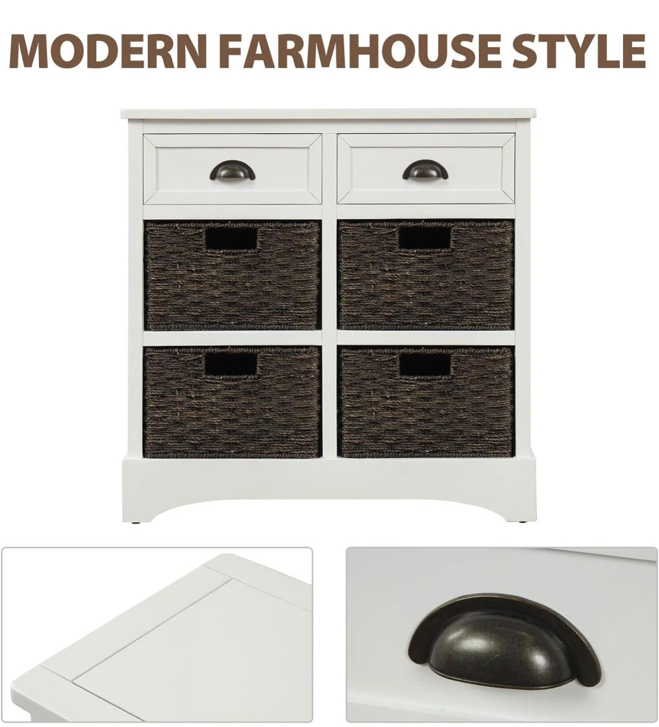 White modern farmhouse storage cabinet with four baskets - photo 3