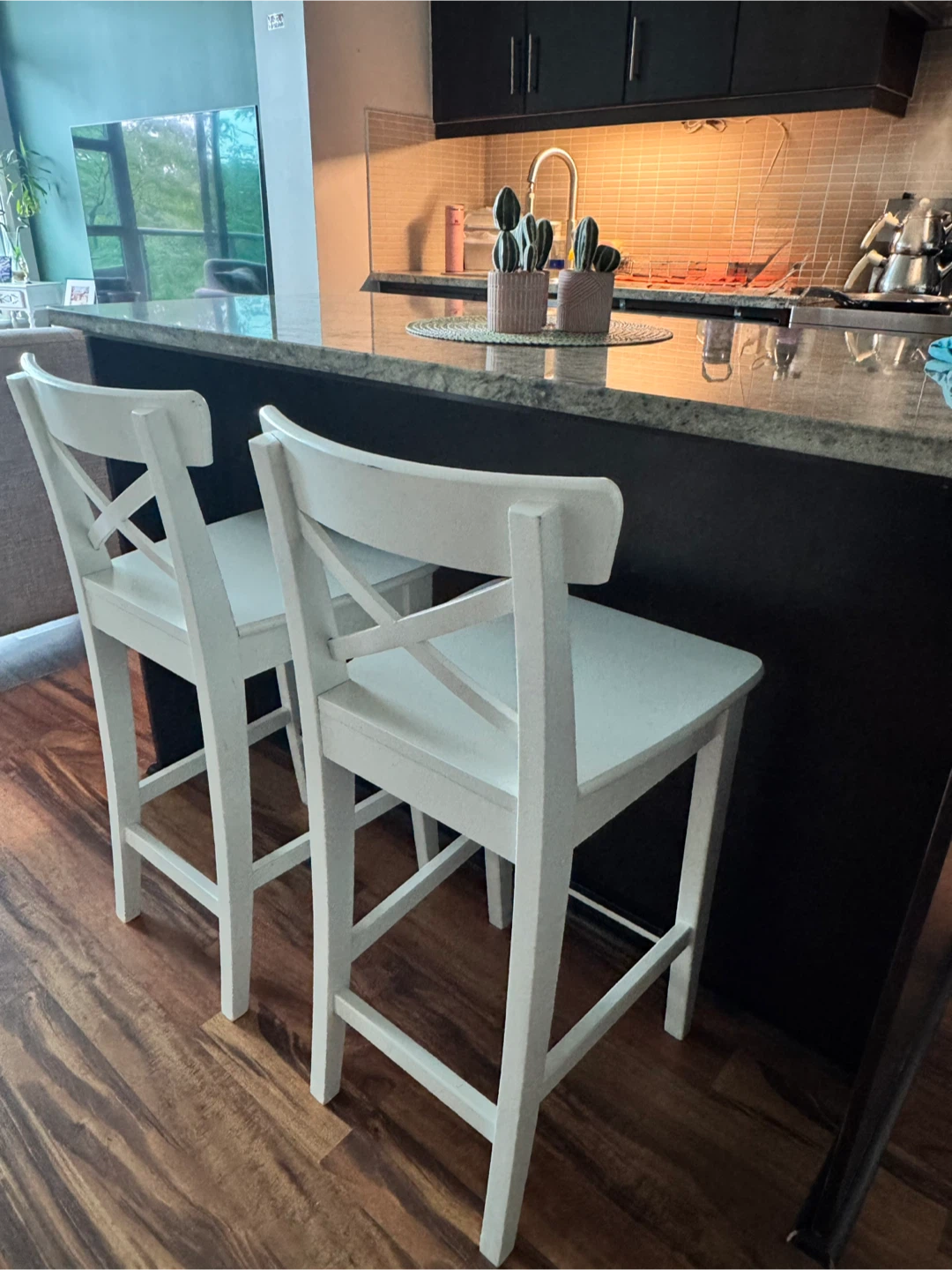 Set of Two White Wooden Bar Stools