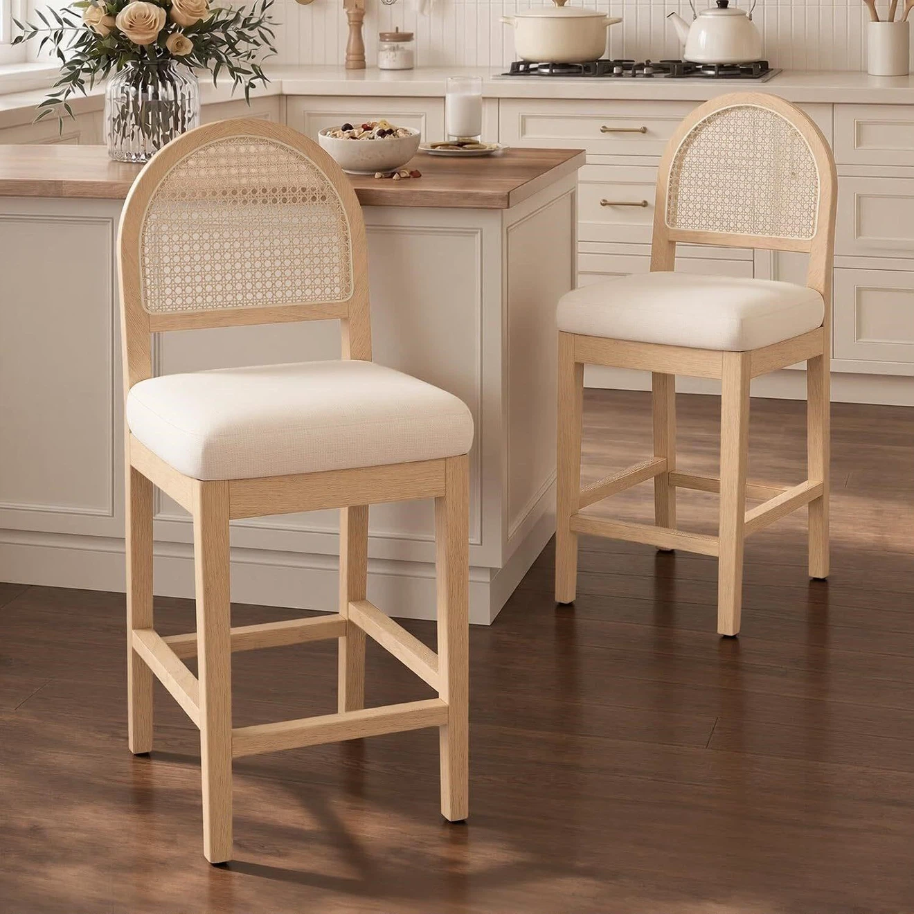 Set of 2 Burlywood Rattan Bar Stools