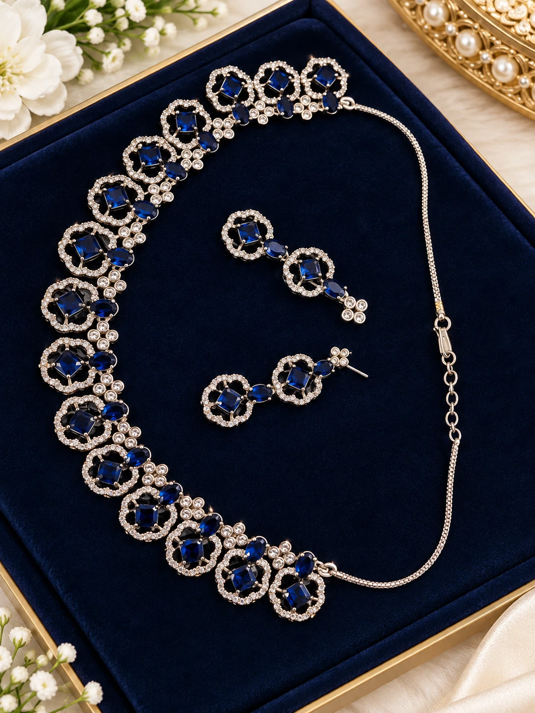 Blue and Clear Stone Jewelry Necklace and Earring Set