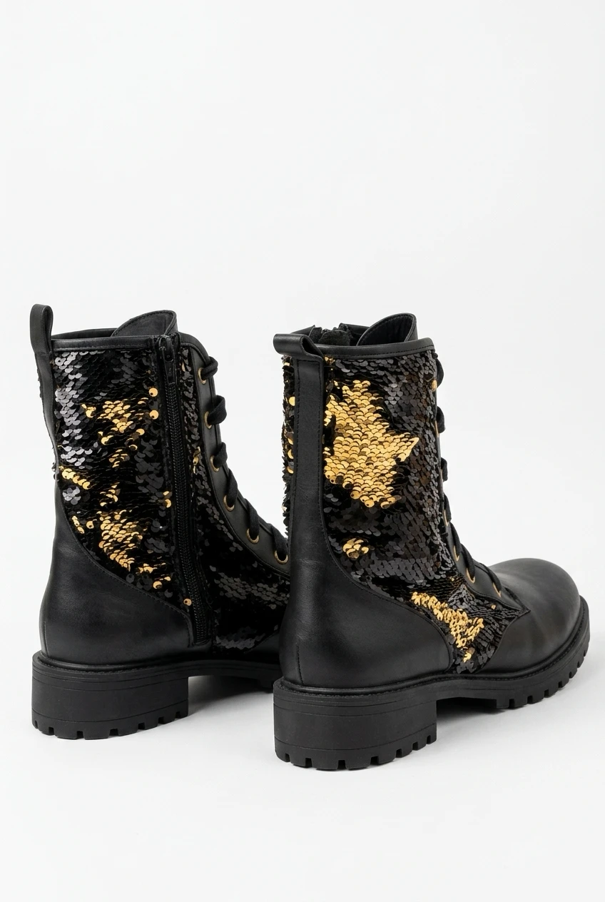 Zara Black Sequined Combat Boots - photo 3