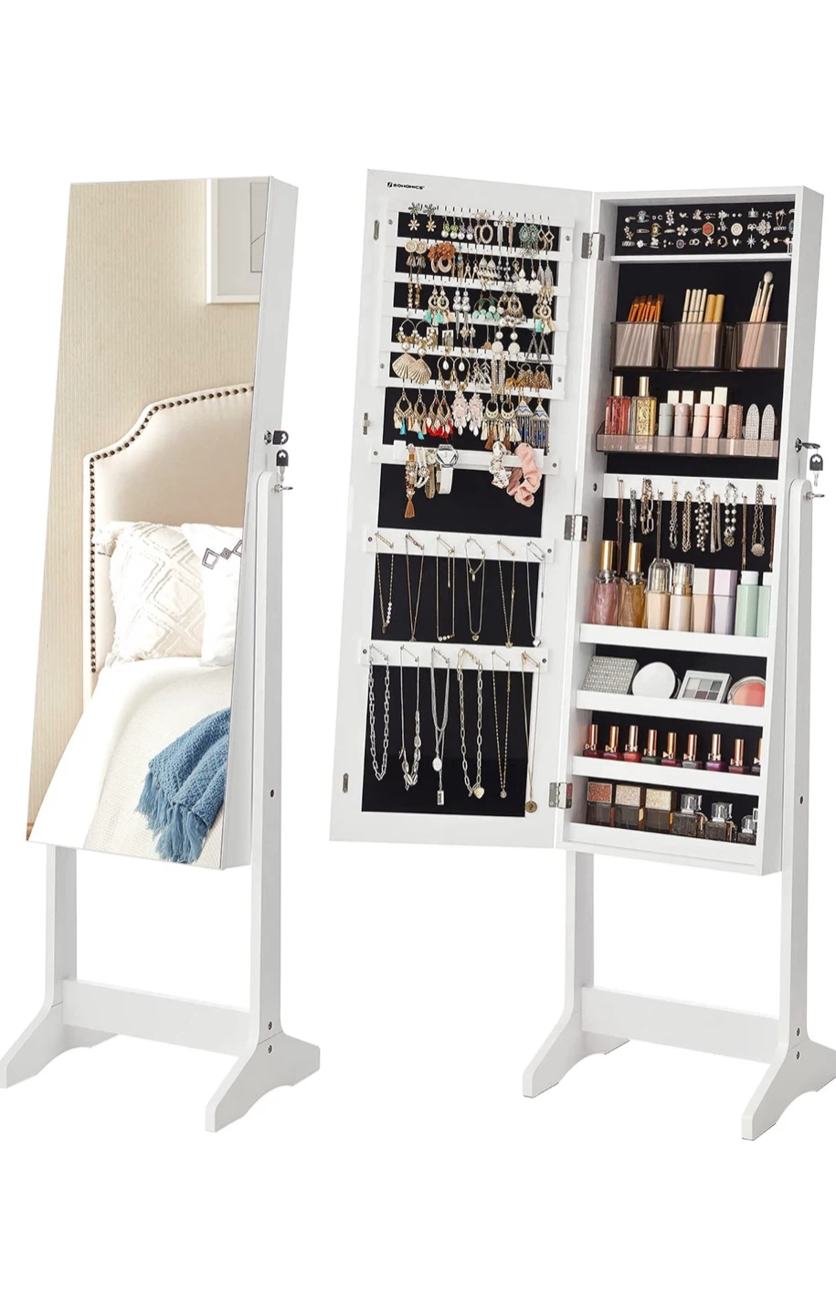 Jewelry Cabinet, Lockable with Frameless Full-Length Mirror