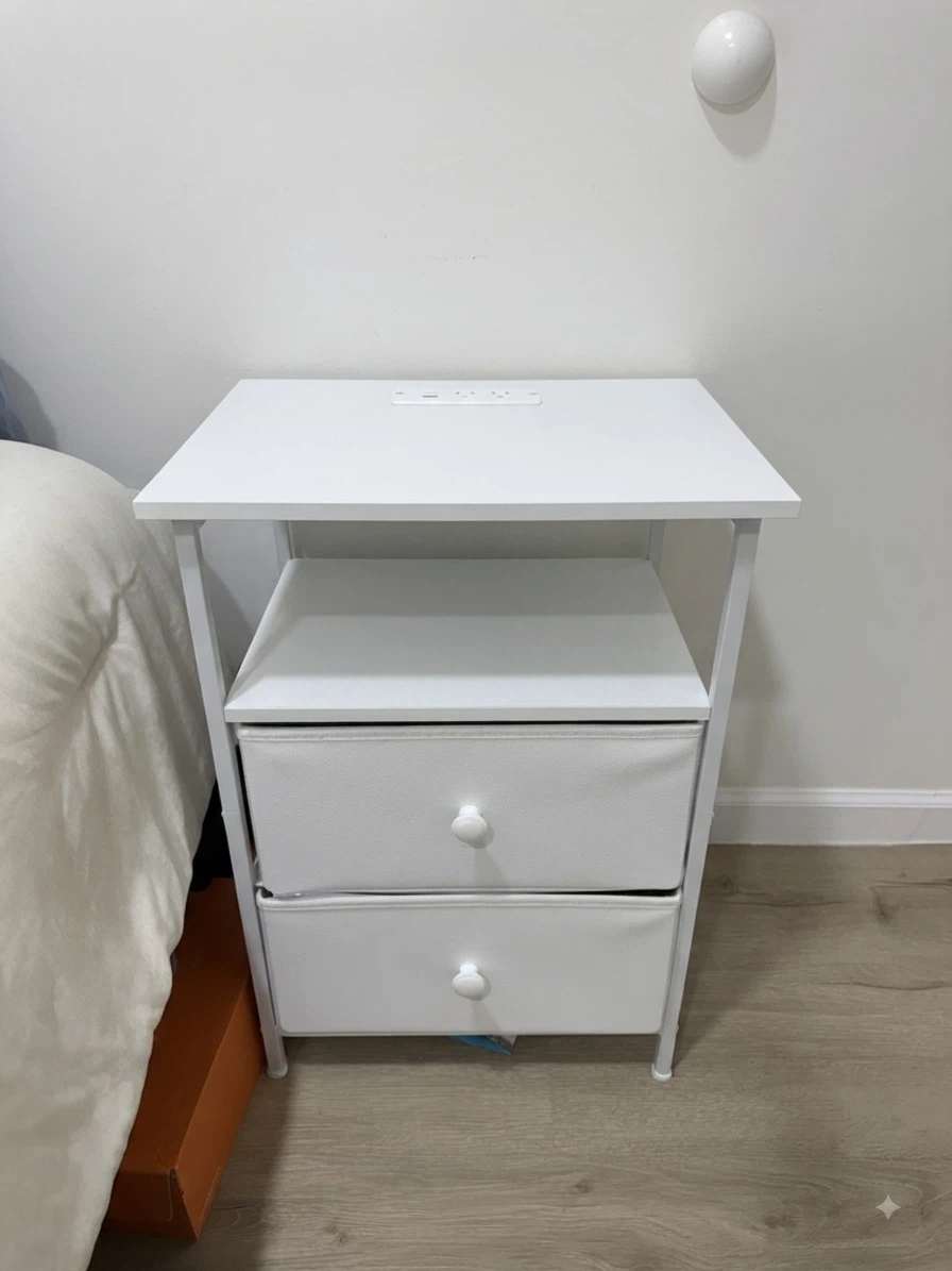 White Nightstand with Charging Station and LED Light