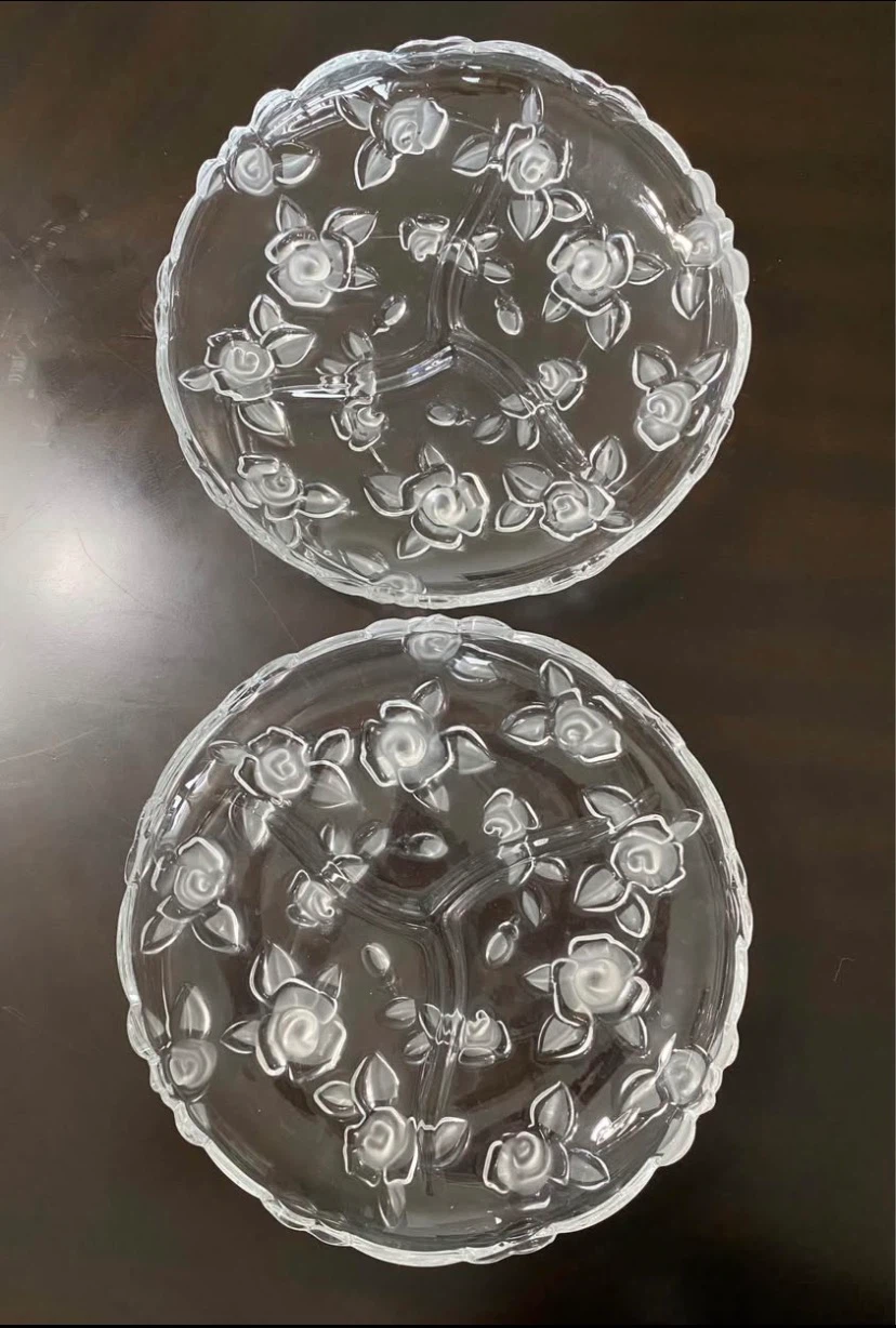 2 Crystal Rose Divided Serving Dishes