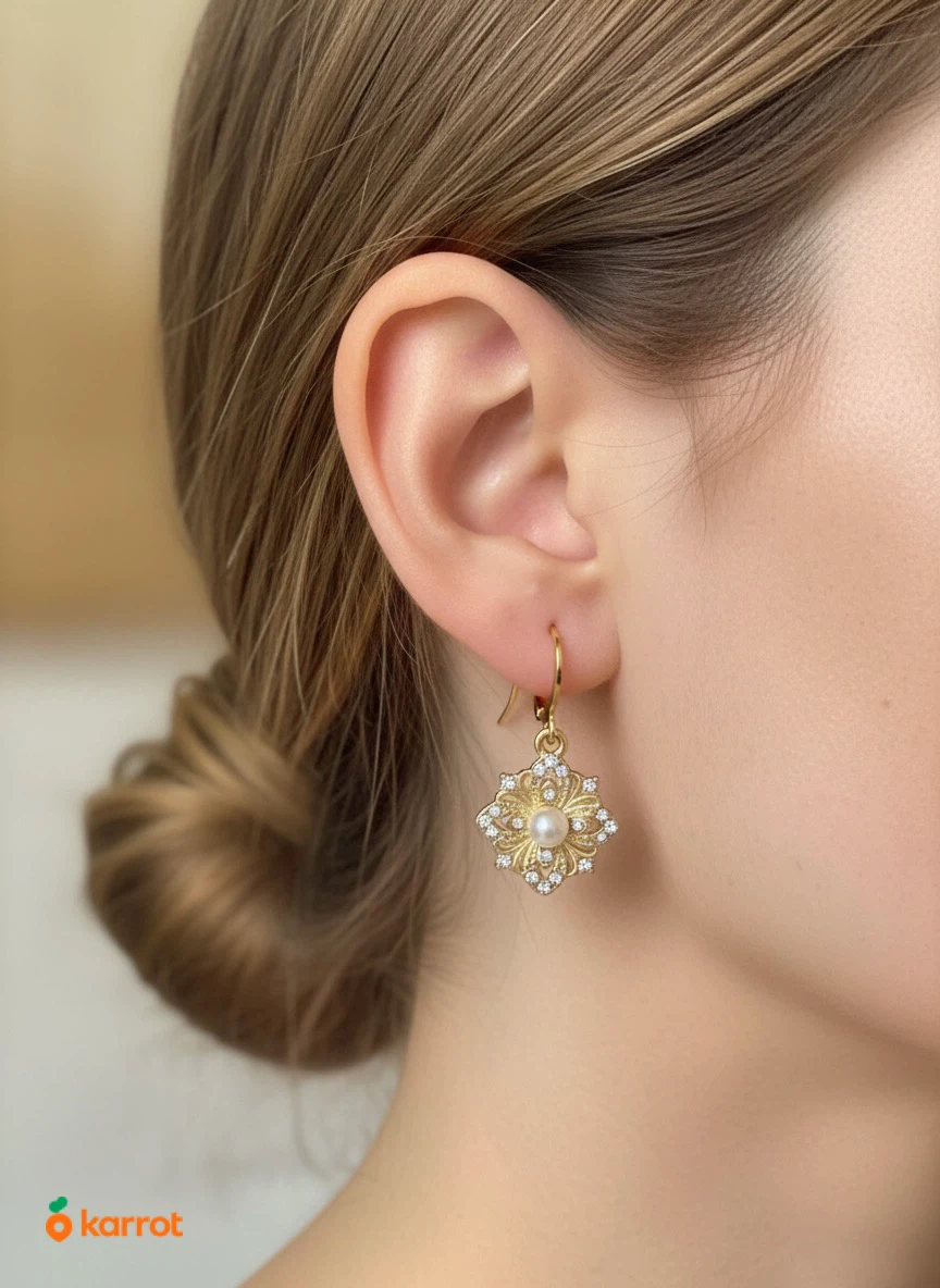 Gold-tone flower earrings with faux pearls - photo 2